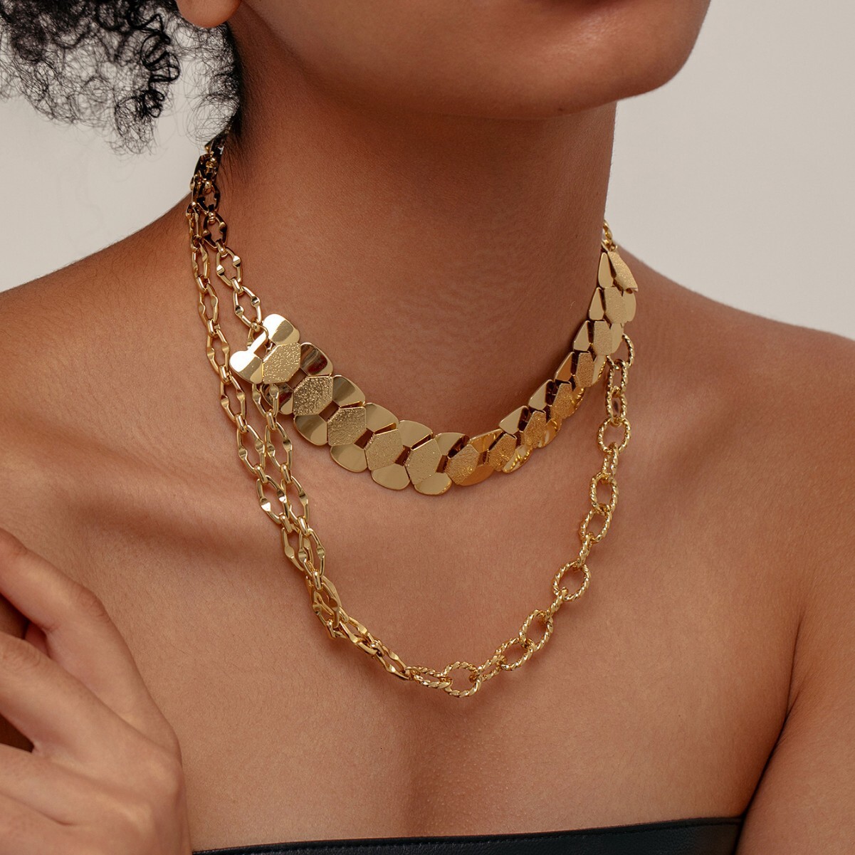 Style Geometric Patchwork Thick Bracelet Necklace Gold-Plated Titanium Steel Non-Fading Exaggerated Set