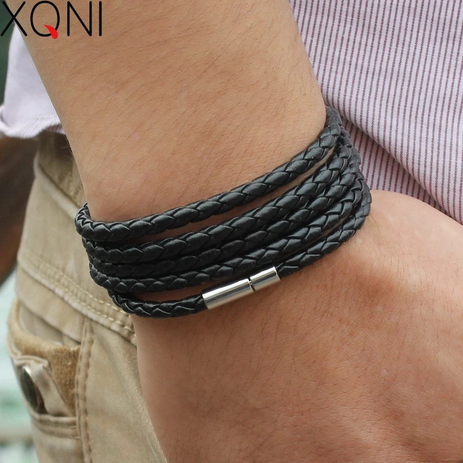 XQNI black retro Wrap Long leather bracelet men bangles fashion sproty Chain link male charm bracelet with 5 laps 250528
