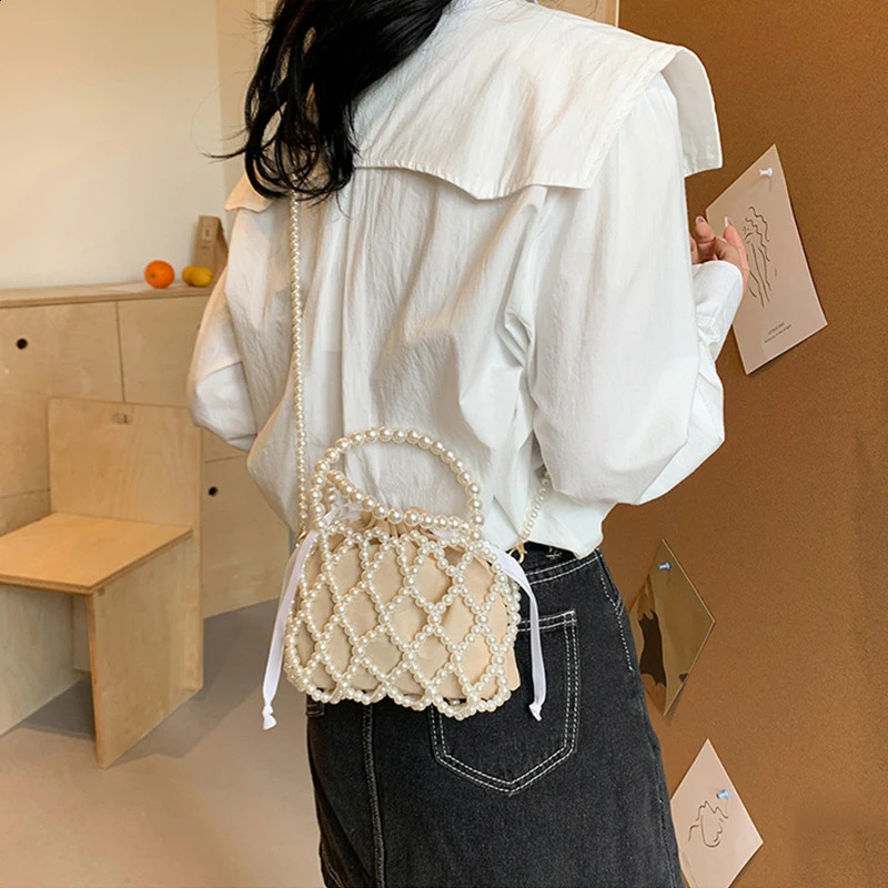 Sweet Handmade Pearl Shoulder Tote Bead Handbag Womens Summer Small Bucket Purse for Party 250530