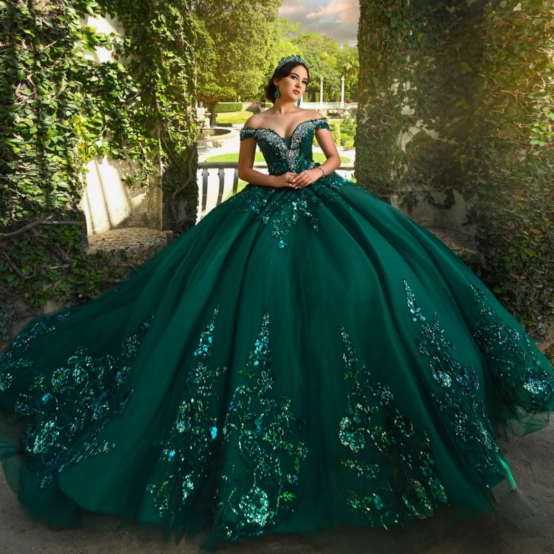 Blackish Green Shiny Princess Quinceanera Dresses Off Shoulder Sequin Applique Lace Beading Crystal Tull Sweet 16 Dress Ball Gown Vestidos 15 Anos