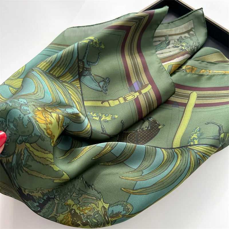 2024 Spring/Summer Retro Horse Print Neckerchief 70*70cm Green Square Scarf Womens Breathable Imitation Silk Bandanas W250602