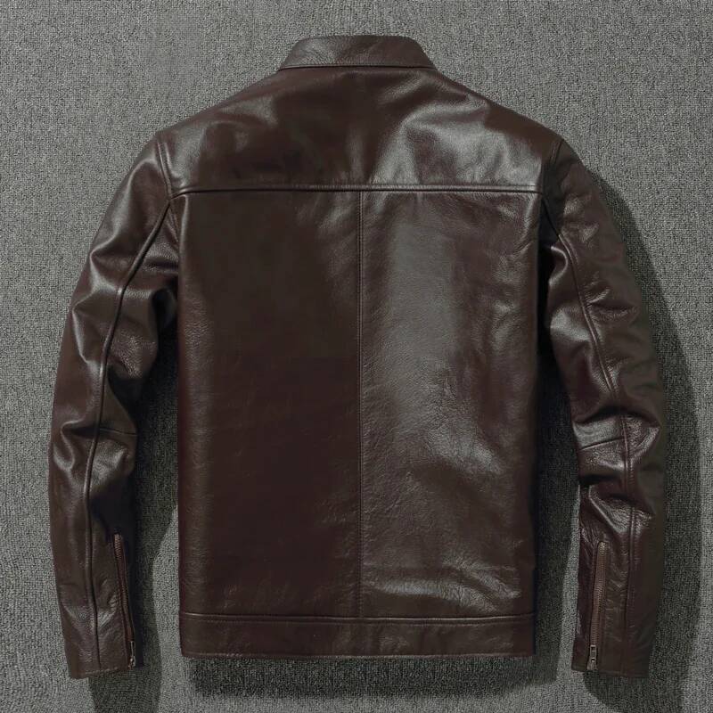 Top Layer Cowhide Fashion Slimfit Stand Collar Leisure Bomber Jacket 100% Genuine Leather Men's Vintage Short Zipper M