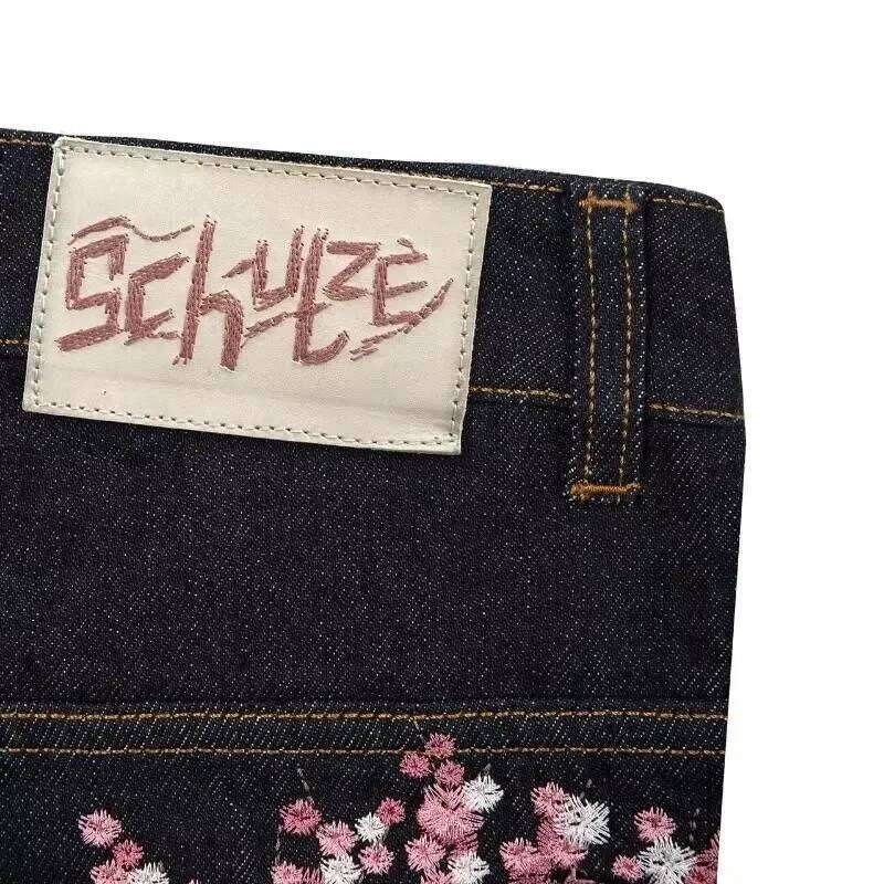 Y2k Haruku Jeans Plum Blossom Embroidery Pattern Goth Vintage Wide Leg Pants Trendy Streetwear Denimamerican Style Street Wear