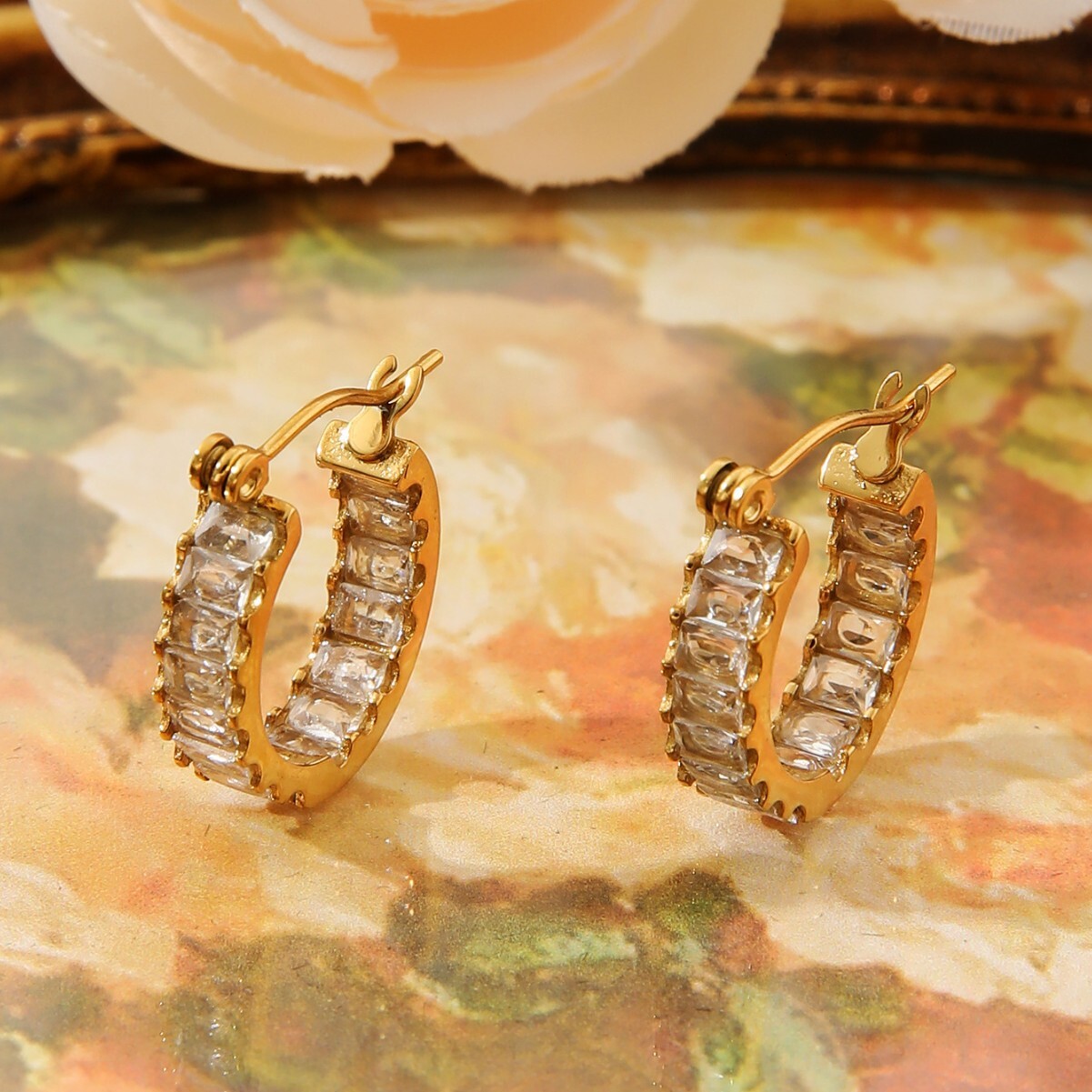 Titanium Steel Round Dia-Studded for Women, Unique Double-Sided Zircon Inlaid Gold Earrings