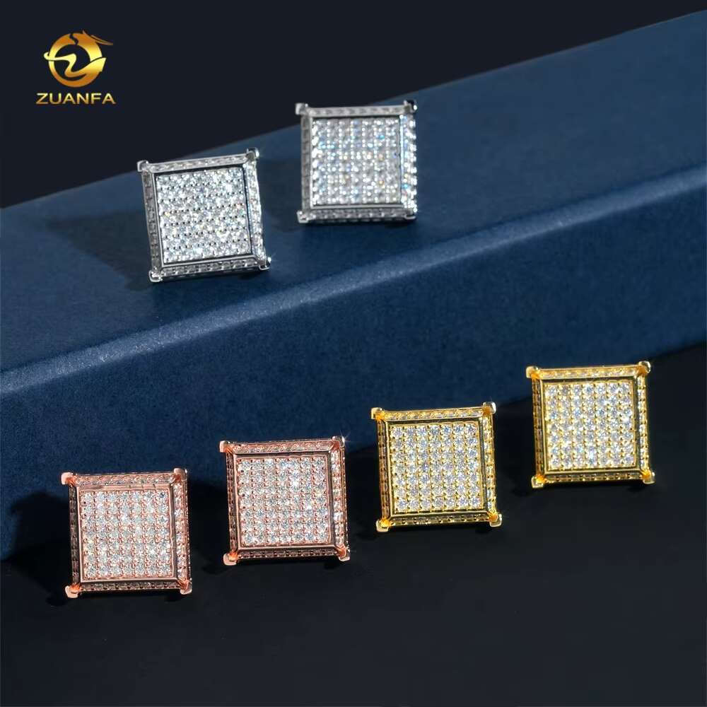 Luxury Big Square Shape Full Iced Out Hip Hop GRA Certertificate 925 Sterling Silver Men Moissanite Earrings