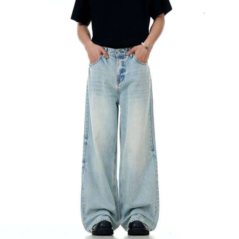 IEFB Wahsed Jeans Floor Length Menwear New Trendy American Light Blue Male Denim Pants Straight Leg Baggy Summer 9W3001