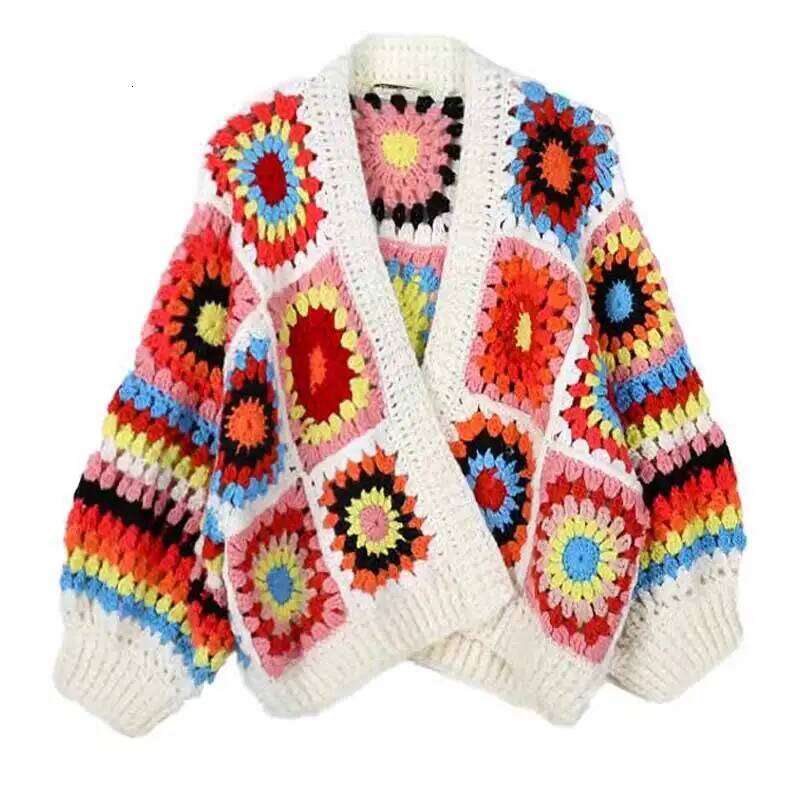 Hand Made Crochet Cardigan Woman V Neck Long Sleeve Sweater Open Ing Knitwear Jumper Autumn Winter