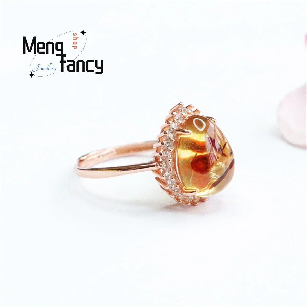 Natural S925 Silver Inlaid With Flower Pearl Amber Water Drop Wrapped Zircon Ring Simple Fashionable Exquisite Couple Fine Gift 250526