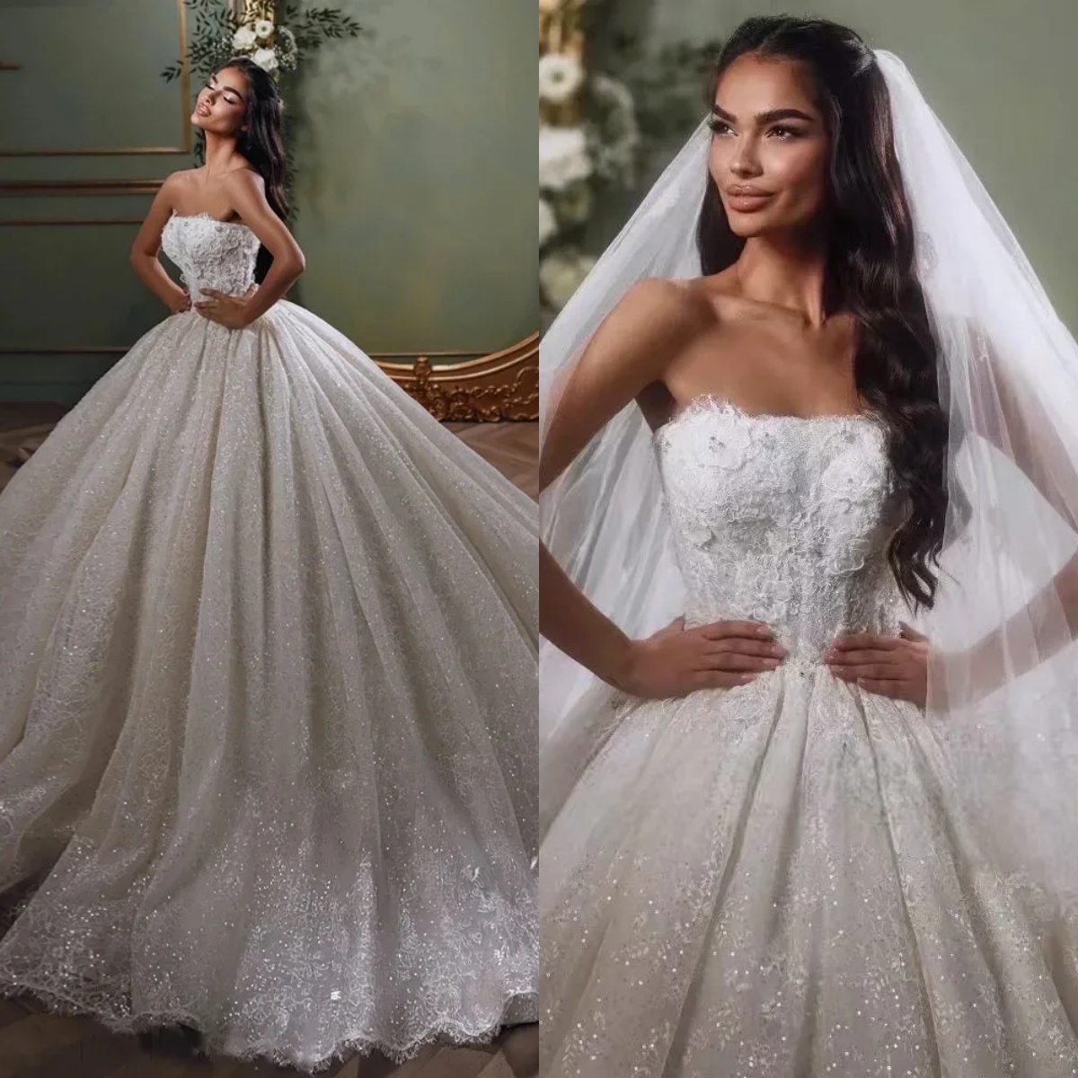 Illusion Ball Gown Wedding Dress Strapless Sleeveless Bridal Gowns Lace Appliques Court Train Dresses Customized vestidos de novia