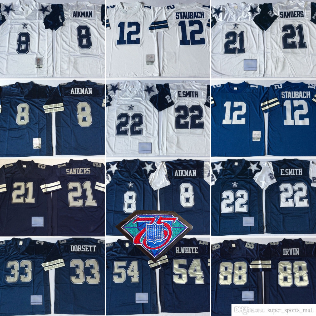 Throwback 8 Troy Aikman Football Jerseys 21 Deion Sanders 12 Roger Staubach 22 Emmitt Smith 33 Tony Dorsett 88 Michael Irvin 94 Haley 54 Randy White Stitched Jersey