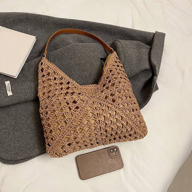 2025 New Summer Straw Woven Bag Hollow Handbag Solid Beach Shoulder Bag Holiday Travel Handbag Bohemian Designer Women's Shoulder Bag