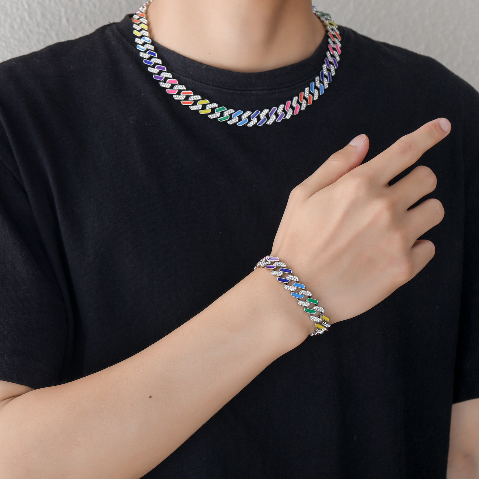 Hip hop Bracelet colorful oil dripping color 12mm Cuban Bracelet rainbow diamond Cuban full diamond bracelet moissanite