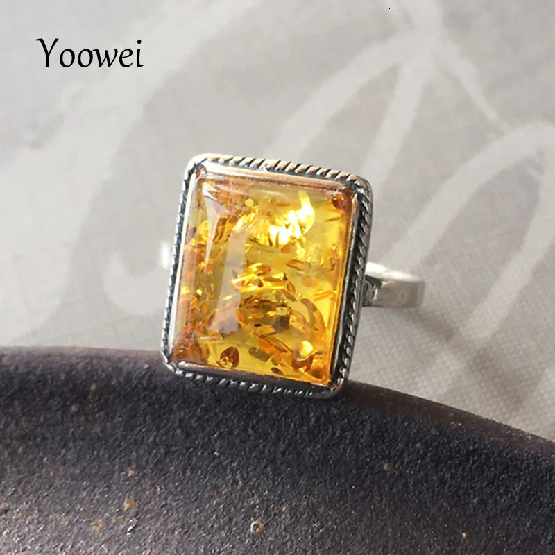 Yoowei Natural Amber Rings for Unisex Golden Flower Vintage Ring S925 Silver Rectangle Geometric Baltic Amber Jewelry Wholesale 250526
