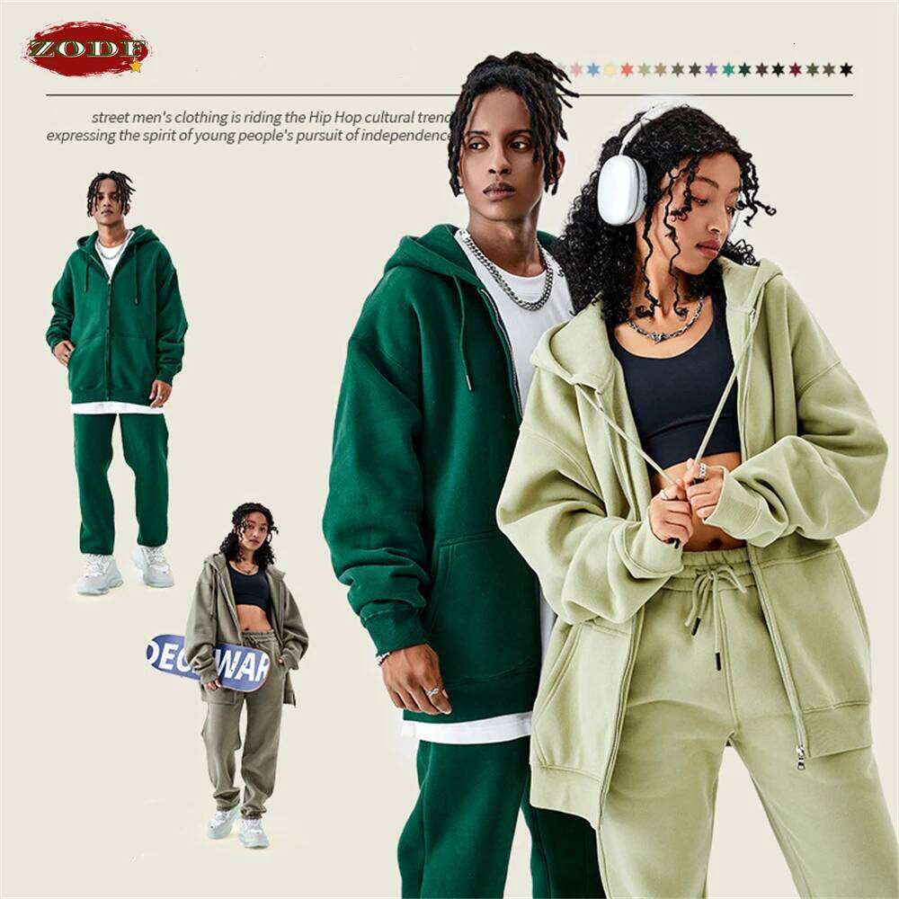 2025 ZODF Basic Winter Men Fleece Zipper Hoodies Unisex Casual Loose 350Gsm Warm Solid Hooded Sweatshirts Coats 18 Colors Hy0726 Designer