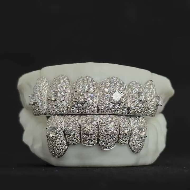 Custom Big Stone Grillz 8 on 8 Deep Perm Cut VVS Moissanite Hip Hop Grillz Iced Out S925 18k White Gold Moissanite Grillz Custom