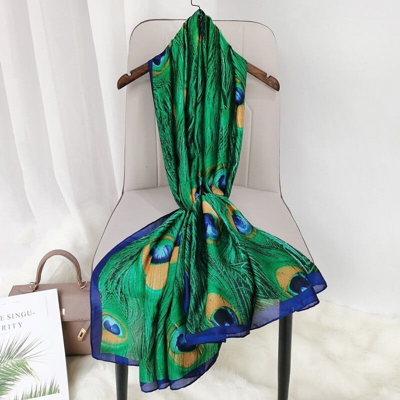 Spring Summer New Faux Silk for Women Peacock Print Sun Protection Fashionable Versatile Travel Sunshade Long Scarf