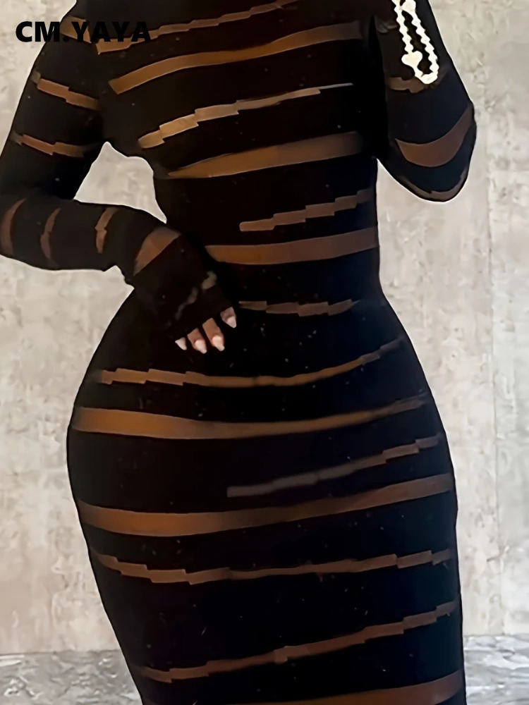 CMYAYA Plus Size Women Clothing Dress Long Sleeve Striped Print Oneck High Waist Spring Night Club Streetwear Mini Dresses 250526