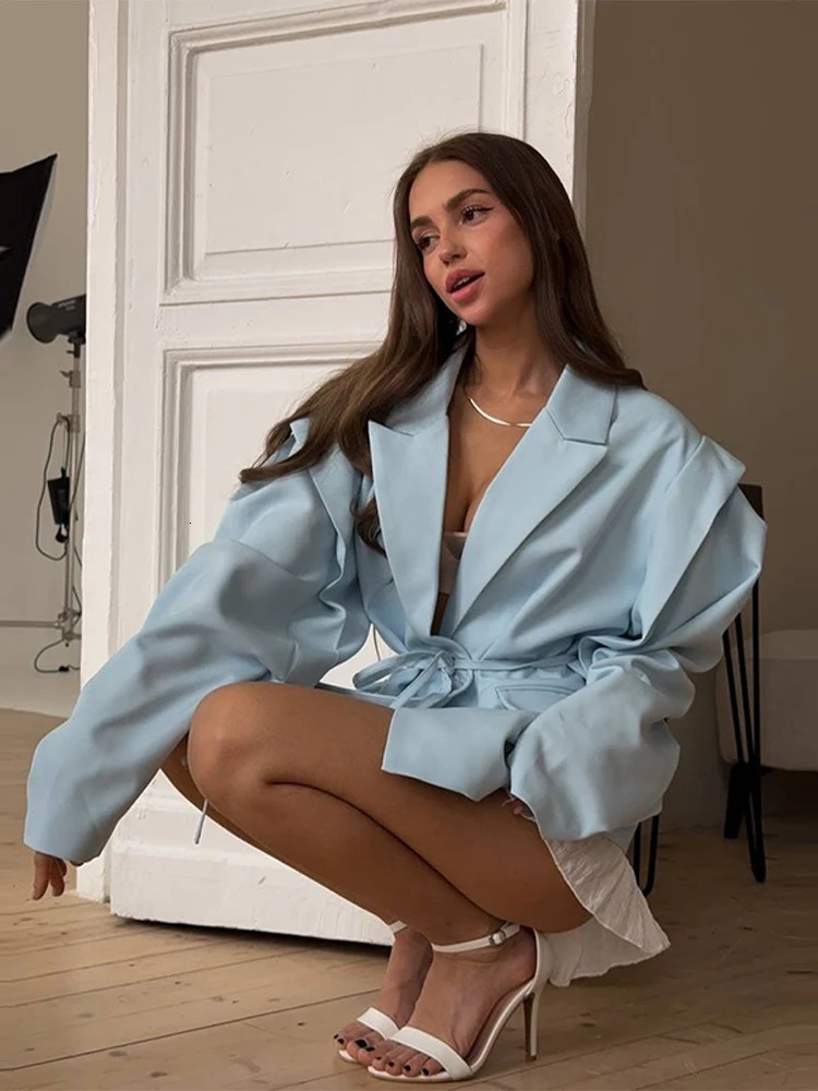 Lace Up Shoulder Pad Blazer Coat Women Elegant Turn-down Collar Long Sleeve Pockets Slim Fit Coats Chic Ladies Commute Outerwear 250530