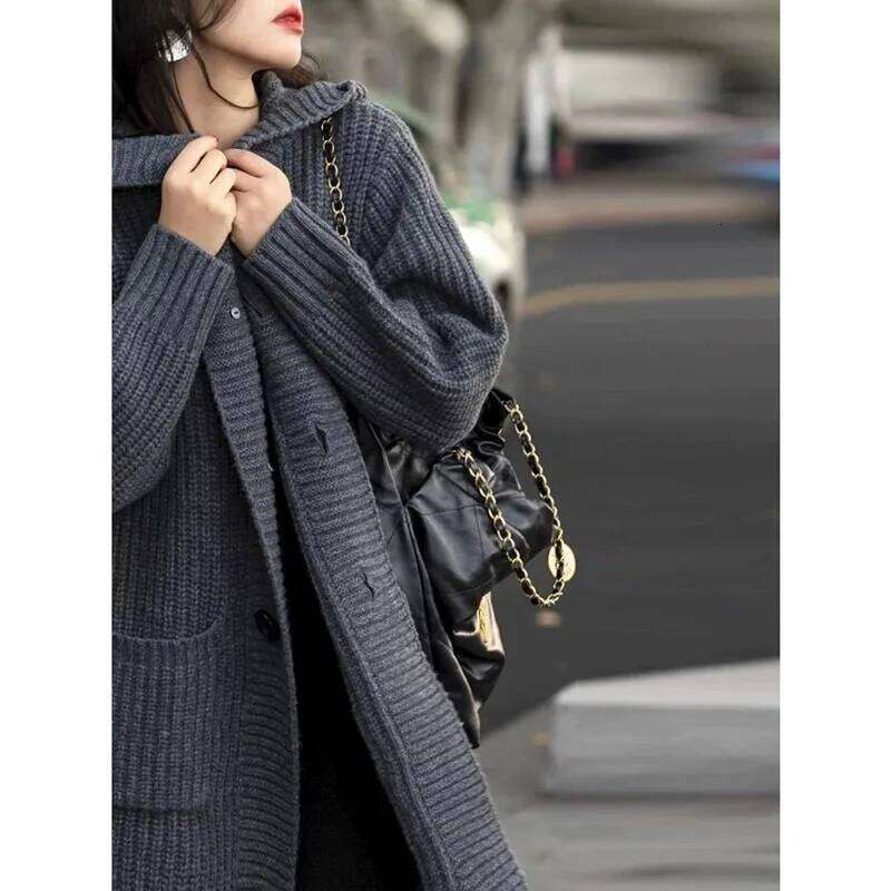 European Hooded Cardigan Women's Mid-Length 100% Cashmere Autumn And Winter Loose High-End Lazy Wind Sweater Coat