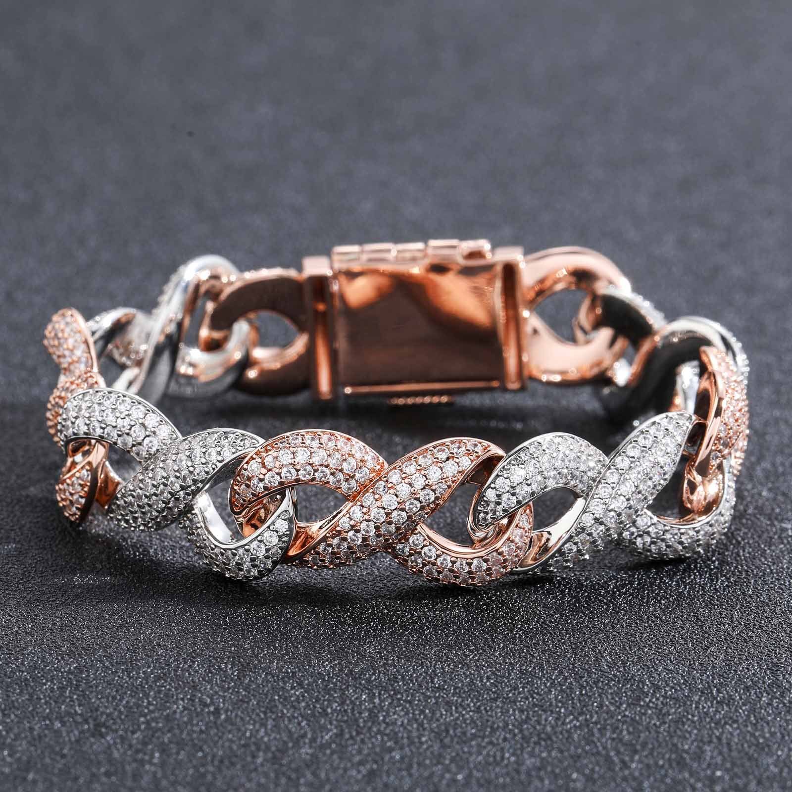 15mm Wide Figure-8 Infinite Chain Rose Gold Two-Tone Cuban Chain Micro-Paved Moissanite Trendy Hip-Hop Bracelet moissanite