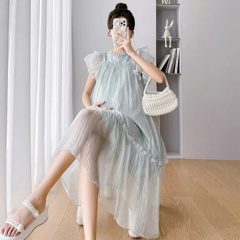 Sweet Pregnant Womens A-line Dress Ruffle Sleeves Beading Collar Maternity Ball Gown Dress Light Weight Princess Fashion Dress 250530