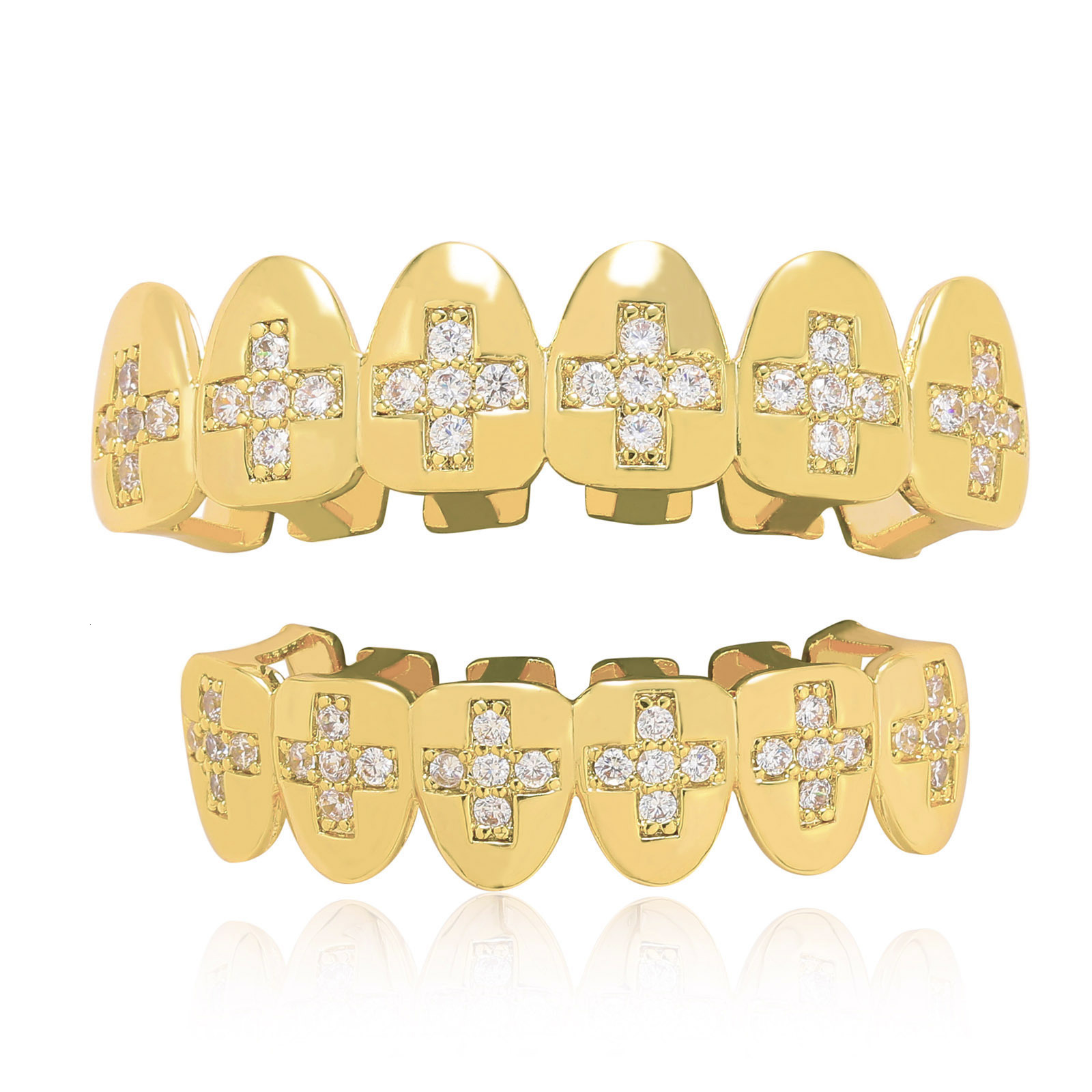 Hip Hop Teeth Set with Cross and Moissanite Teeth Set for Halloween Funny Men Personality Big Gold Teeth Grillz moissanite