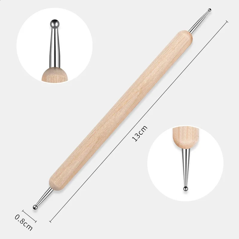 RHJB Nail Point Drill Pen Wooden Pen Bar Stirring Nail Polish Draw Five Petals Flower Polka Dot Double Head Stainless Bar Pen 250528