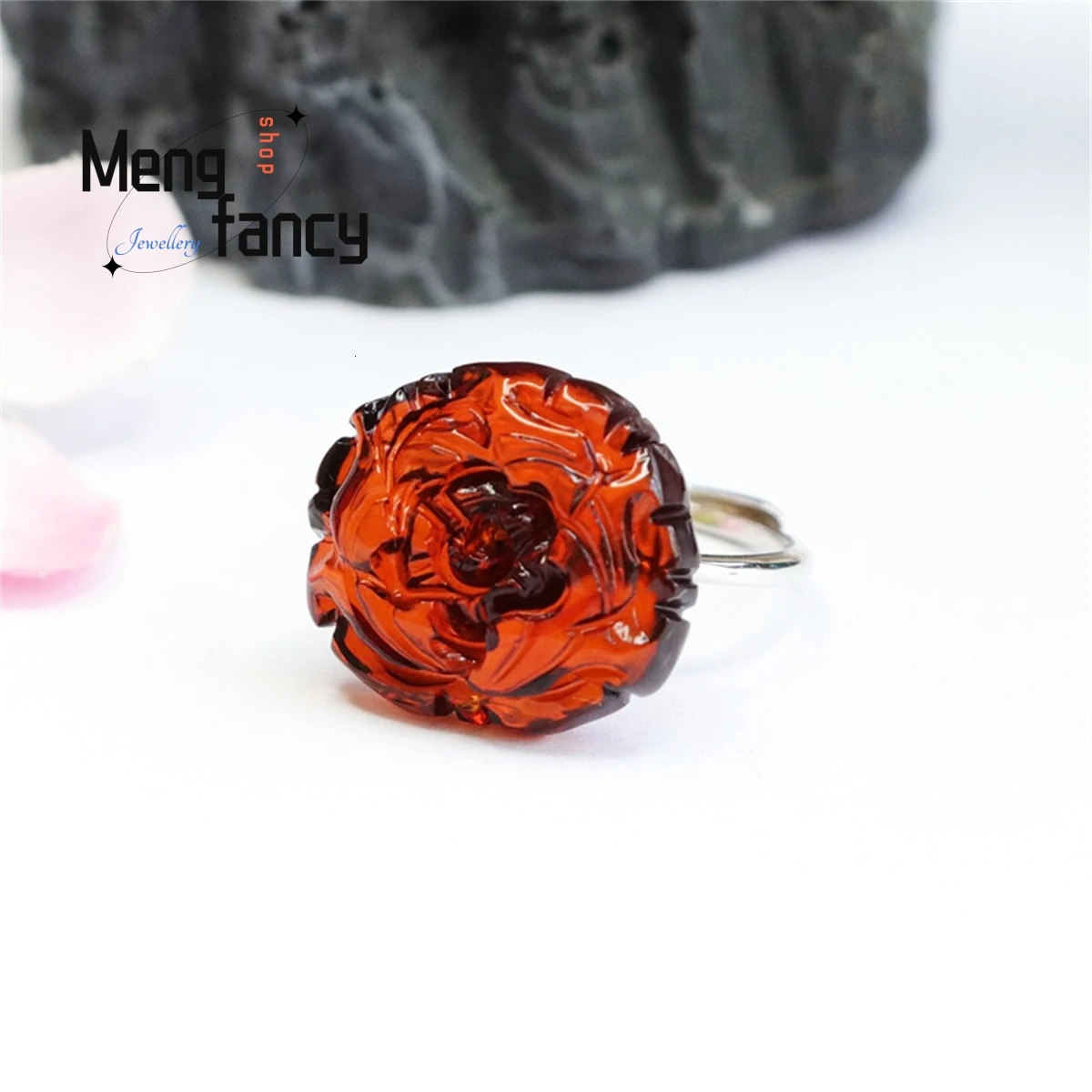 Natural S925 Inlaid Blood Pur Water Purification Amber Peony Ring Simple Generous Fashion Retro Women Fine Jewelry Gift 250526