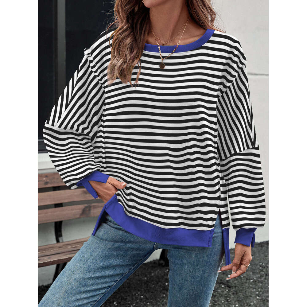Hot Selling Casual Loose Autumn Winter Long Sleeve Striped Split Round Neck Design Street Style Sweatshirt Top