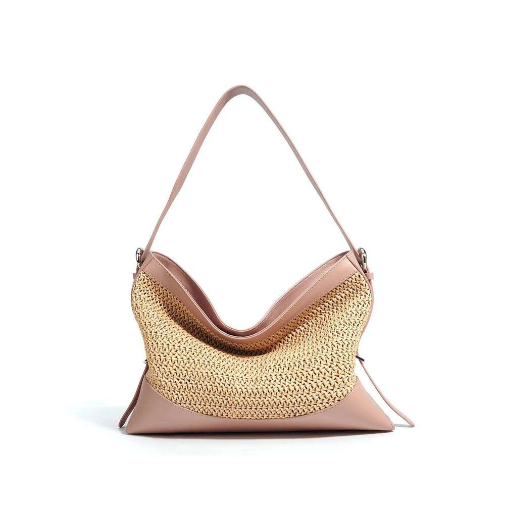 Factory Customized Raffia Tote Shoulder Handbag Polyester Paper Straw Beach Bag With Cowhide Leather