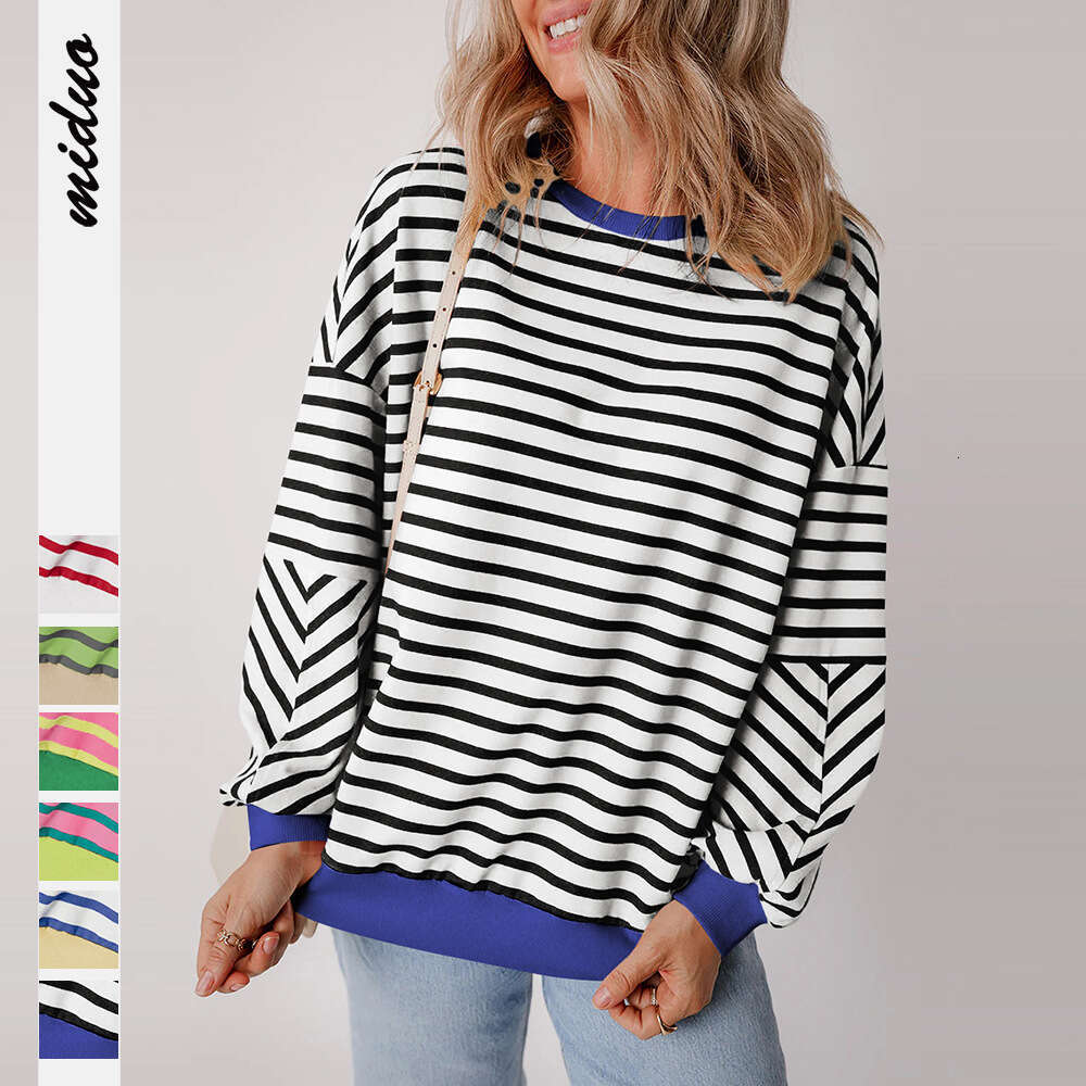 Autumn Winter New Striped Crewneck Sweatshirt for Women Versatile Warm Pullover Long Sleeve Top