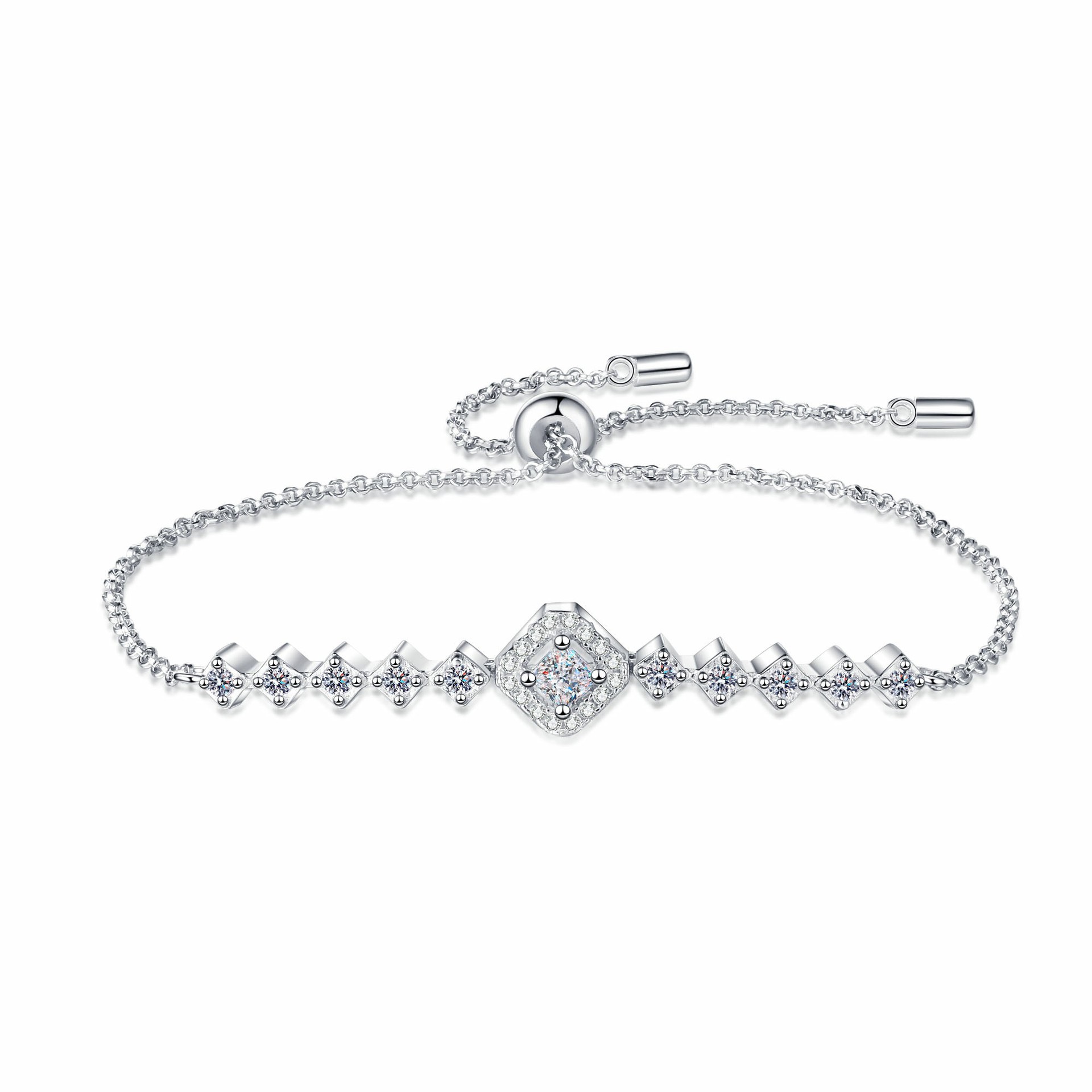 925 Sterling Silver Moissanite Bracelet Adjustable Chain Simple Geometric Design Elegant Jewelry