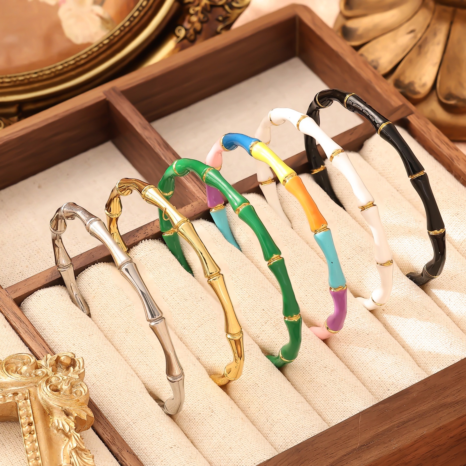 Exaggerated Design Gold-Plated Bamboo Stripe Bracelet Thick Titanium Steel Bangle