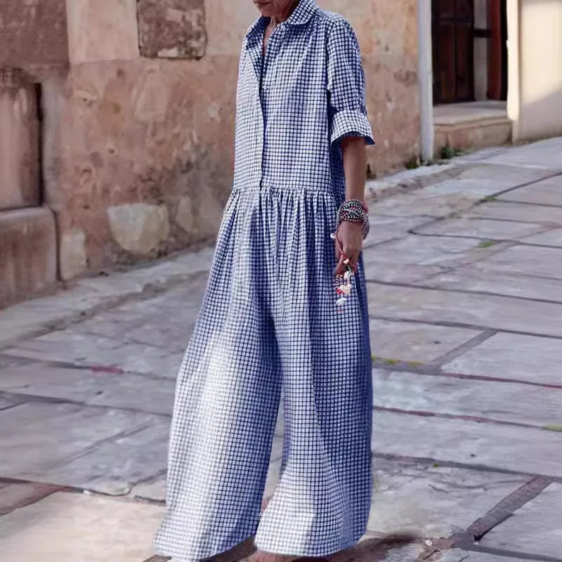 Loose Casual Plaid Print Jumpsuit Fashion Lapel Single Breasted Half Sleeved Wide Leg Jumpsuit Spring Summer Fashion Lady 250528