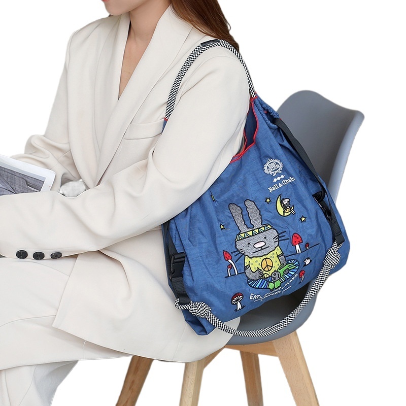 designer Japanese Style Embroidered Eco-friendly Tote Bag Large Ball&chain New Embroidered Cat Band Casual Cartoon Nylon