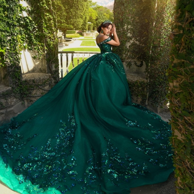 Blackish Green Shiny Princess Quinceanera Dresses Off Shoulder Sequin Applique Lace Beading Crystal Tull Sweet 16 Dress Ball Gown Vestidos 15 Anos