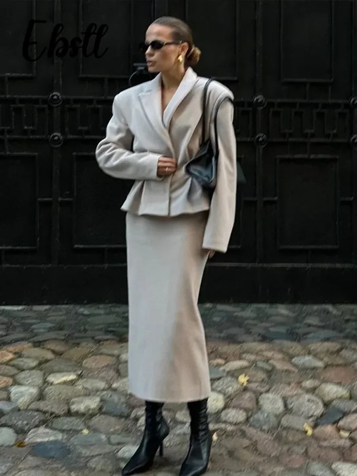 Slim Woolen Blazer Coat Skirts Set Women Grey Lapel Hidden Buckle Coats Hip Package Long Skirt 2025 Female Elegant Outfits 250530