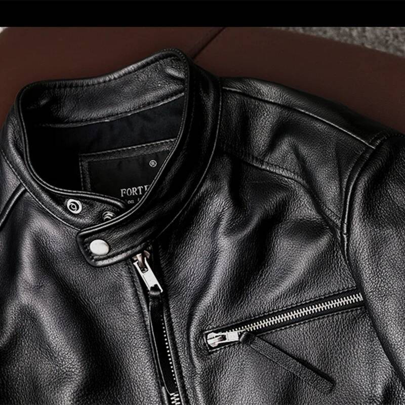New Trendy Pure Top Layer Soft Cowhide Genuine Men's Slim-Fit Stand-Up Collar Leather Jacket Coat