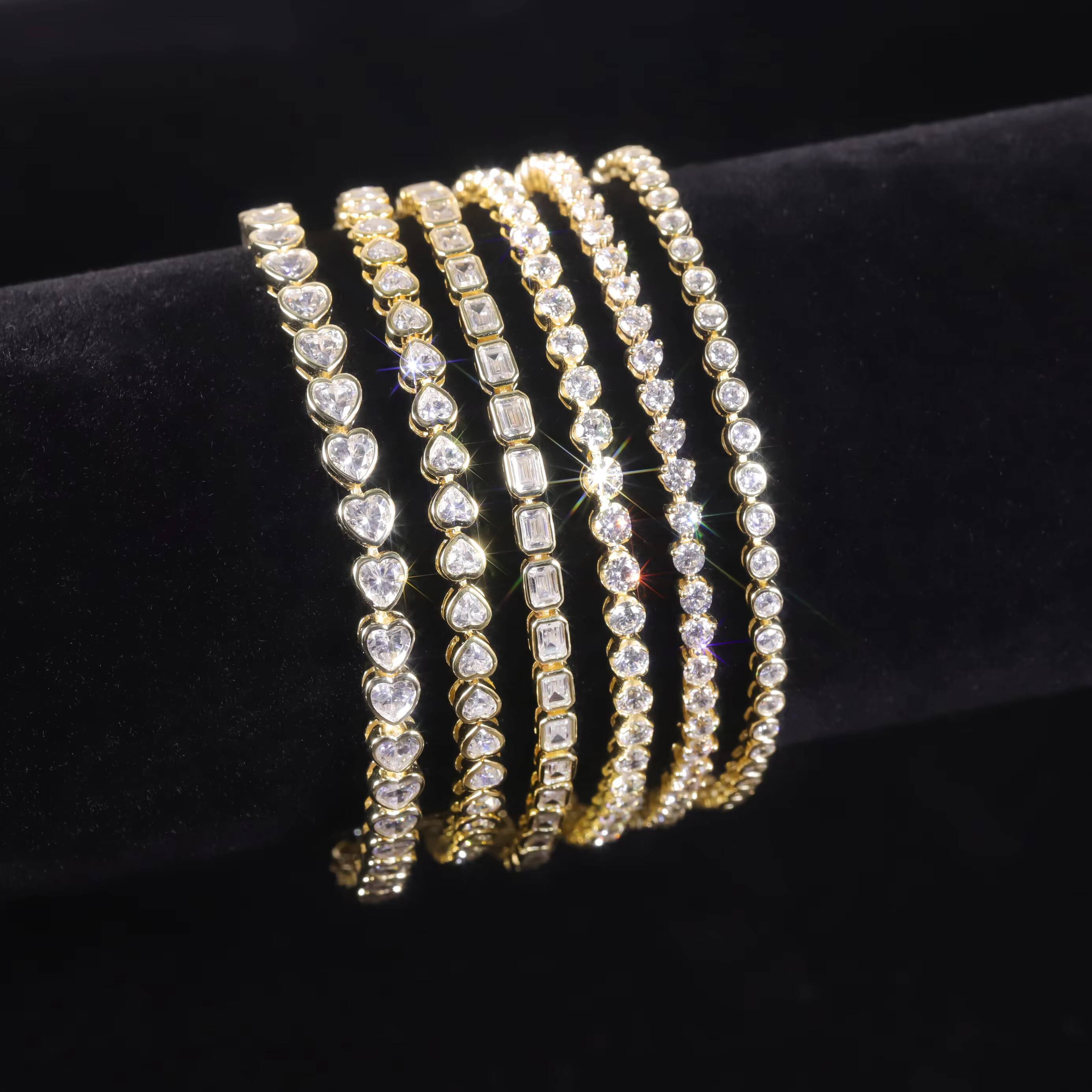 Chinese Jewelry Factory VVS Square Heart Pure Sier Gold Silicon Stone Tennis Chain Bracelet