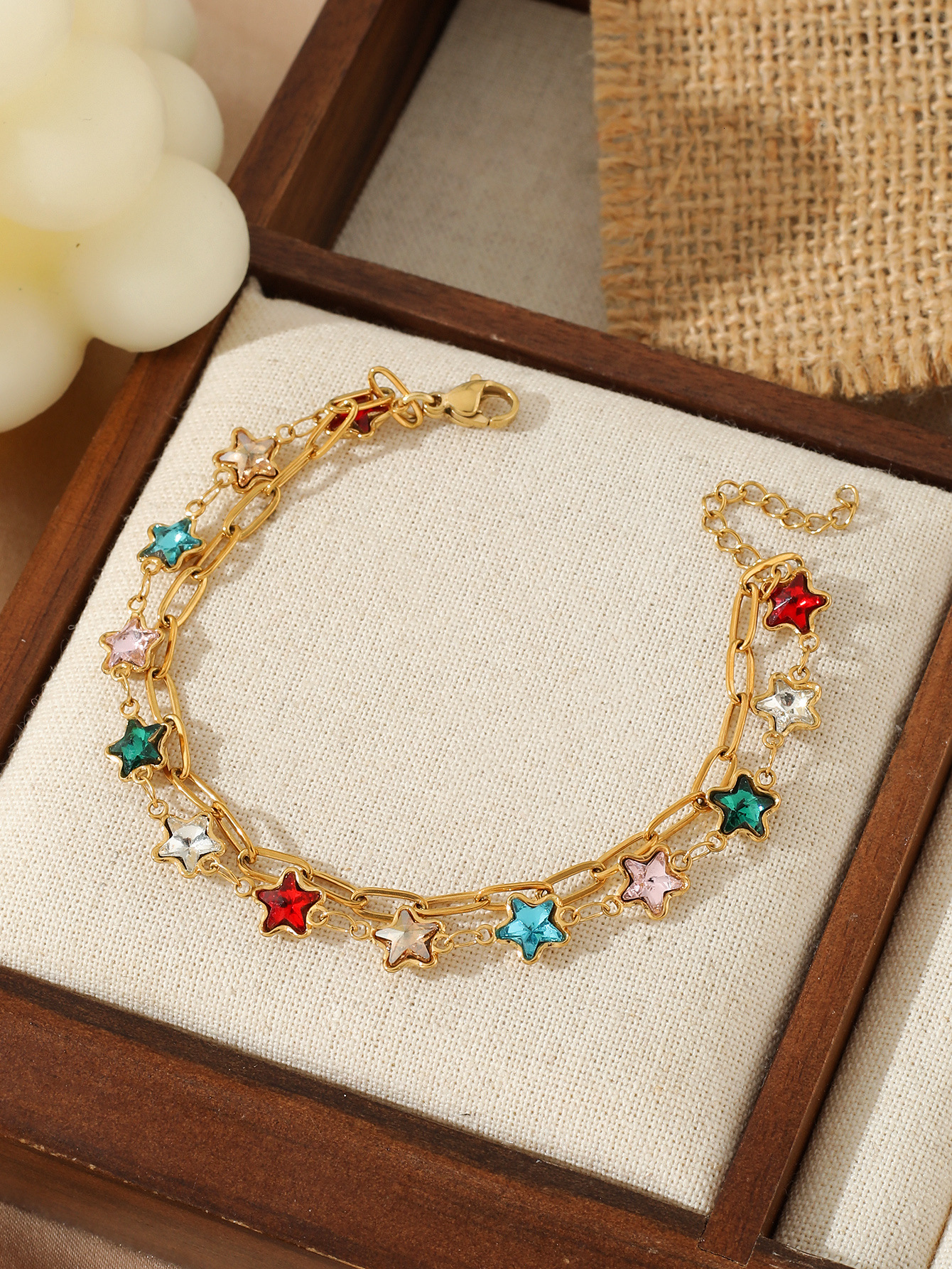 Titanium Two-Layer Stacked Colorful Crushed Stone Gold-Plated Stainless Steel Bracelet