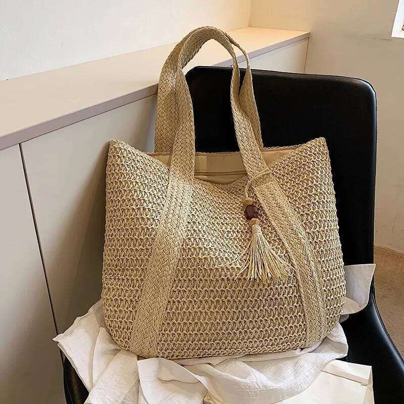 Fashion Large Capacity Fringe Pendant Handmade Straw Handbag Women Holiday Beach Casual Tote Top-Handle Retro Shoulder Bags designer bag