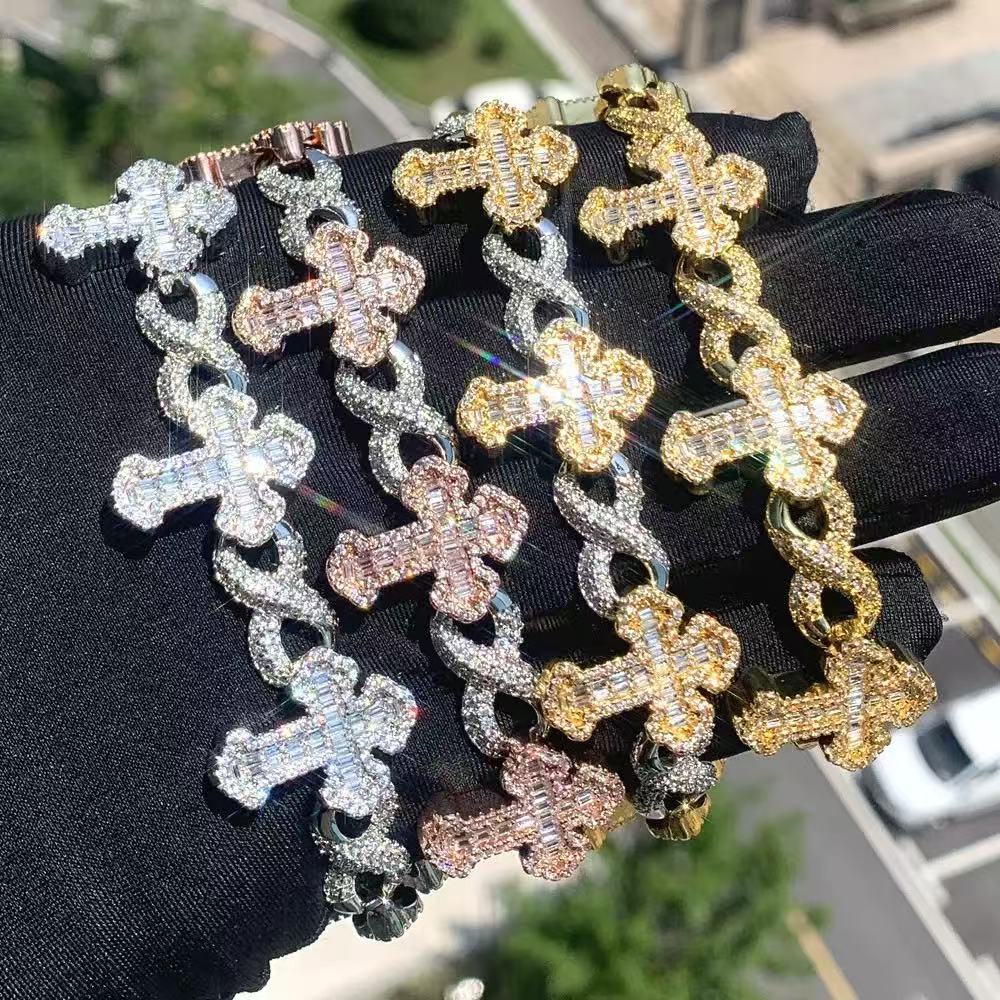 Jewelry Iced Out Hip Hop Infinity Cuban Link Bracelet 925 Silver VVS Moissanite Cross Cuban Bracelet Baguette Cross Chain