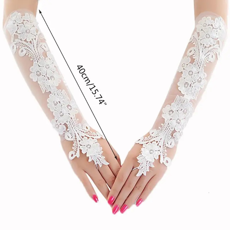 Sweet Embroidery Floral Lace Long Gloves Sheer Mesh Wedding Bridal Prom Mittens 250530