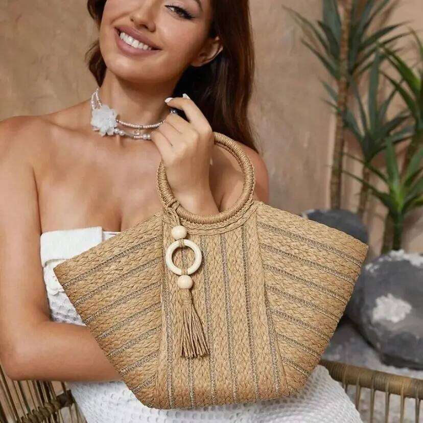 Women's Fashion Casual Straw Tote Bag, Beach Bag Summer, Large Capacity - Chic Tassels Satchel Handbag For Everyday Use