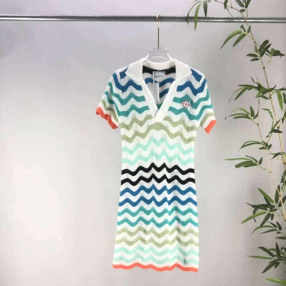 Summer Women's Clothing Versatile Sports Knitting Gradual Change Corrugated Jacquard Pattern Dress Short Sleeved Polo Collar