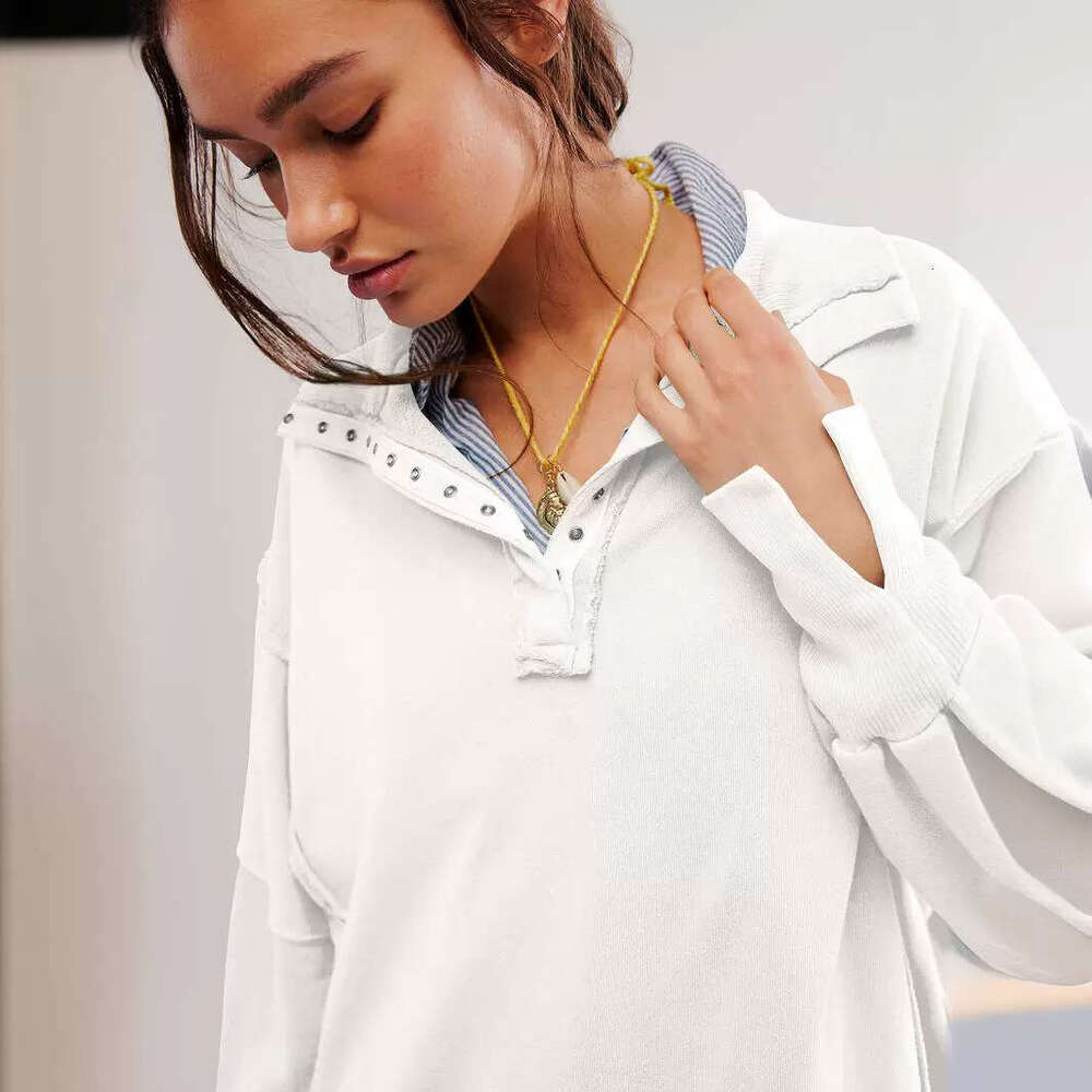 Decorative Line Design Sense Top with Split Lantern Sleeves Polo Collar Sweatshirt Jacket for Women Spring and Autumn