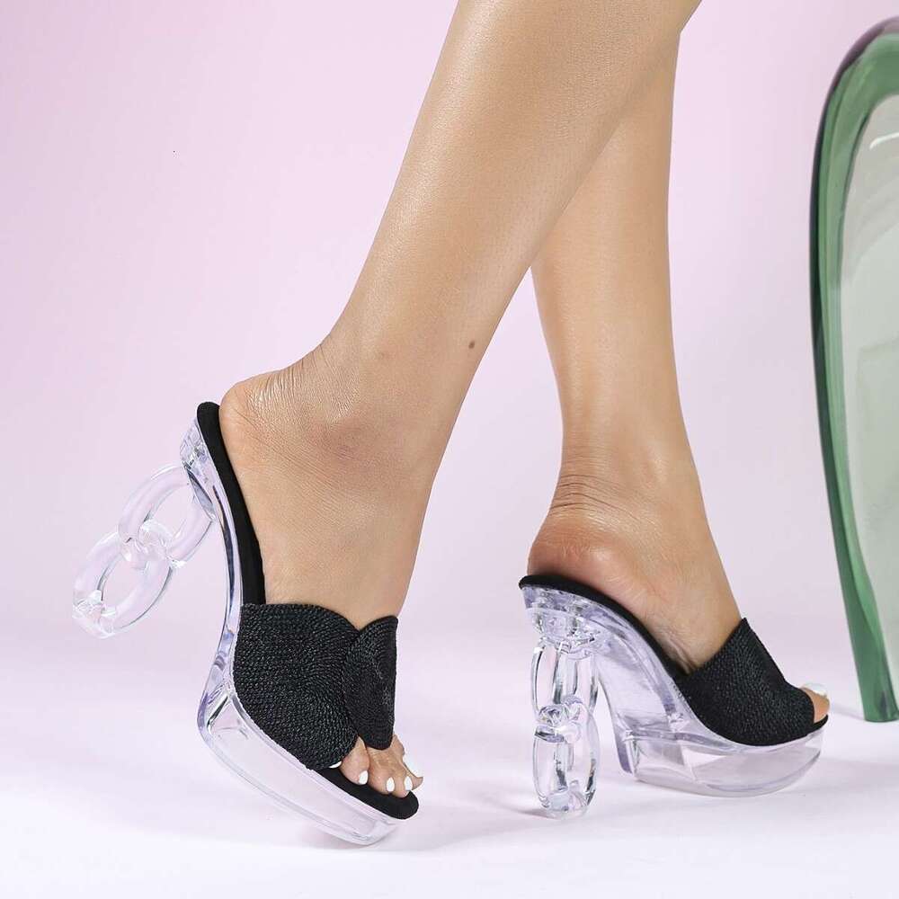 Super High Heels 1988-Q21 New 12Cm Fashion Wedding Sexy Car Transparent Nightclub Crystal Square Toe Non-Slip Slippers Platform High Heels