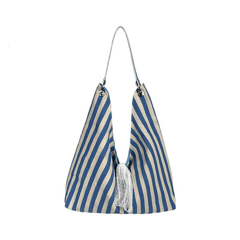 designer Striped Canvas Bag for Women Summer 2025 New Trend Korean Letter Print Double-Sided Shoulder Bag Student Class Bag