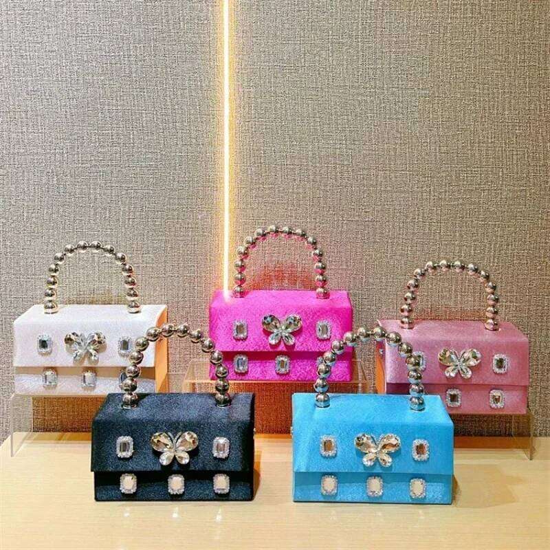 Shiny Silk Hot Pink Evening Bags Women Dia Box Handbag Rhinestone Butterfly Pearl Square Crossbody Bag Ladies Bolsas