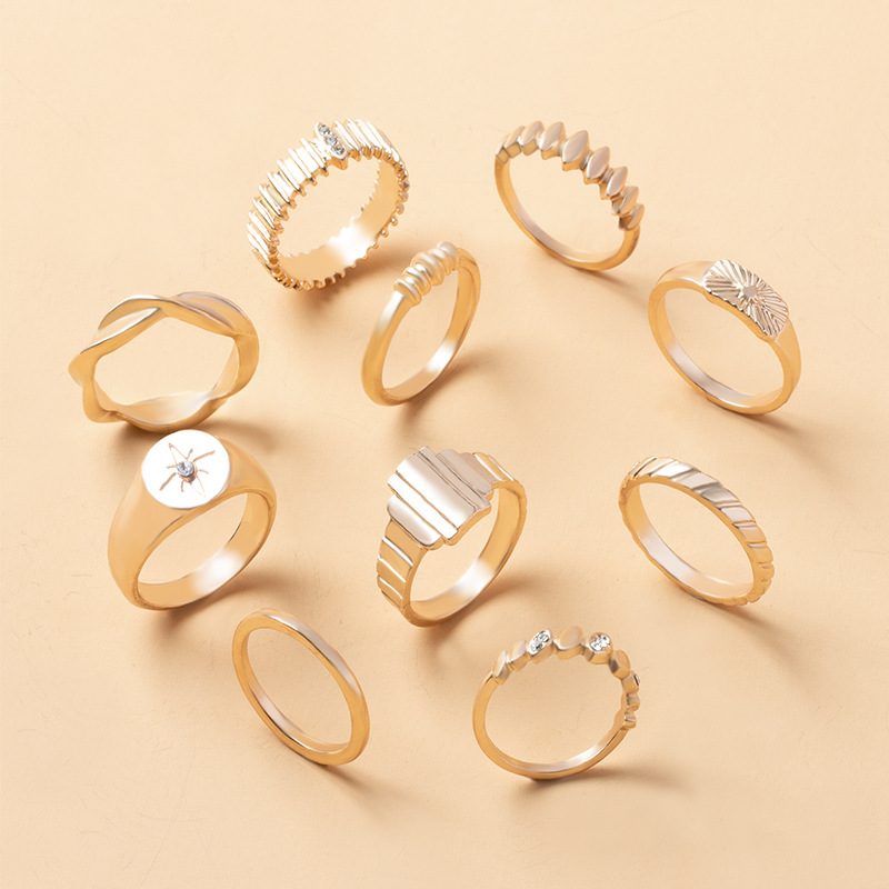 New European and American Style ten piece Set of Octagram shaped Diamond inlaid Knuckle Rings for Women